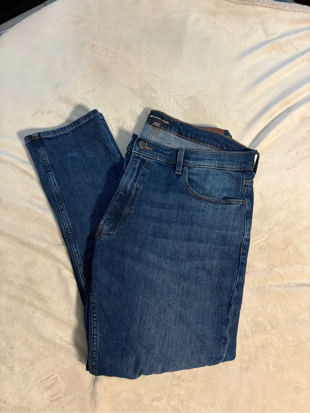 Michael Kors Men's Medium Blue Straight Jeans with Brown Patch